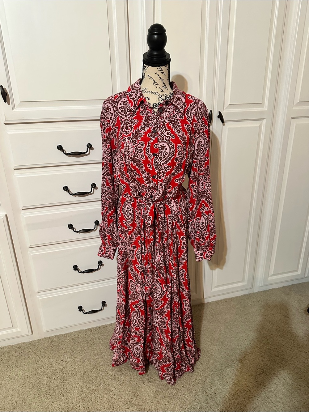 Boden Red Paisley Tie-Waist Maxi Dress